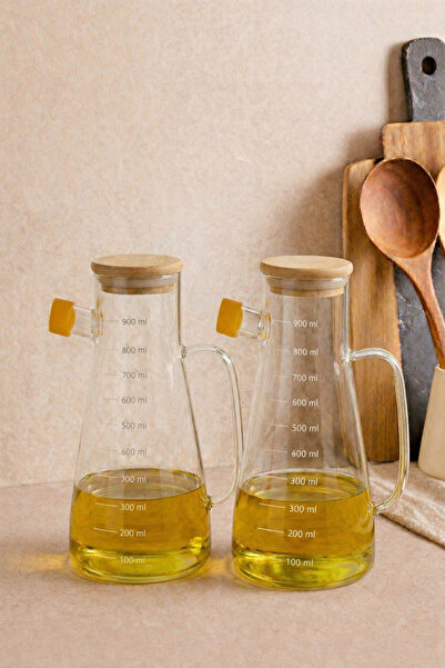 PORLİSMA Alice 2-Piece Borosilicate Glass Oil Pot with Bamboo Lids, 900 ml Gl...
