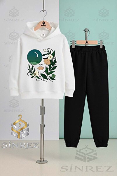 SİNREZ Children's Unisex Cicekten Green Girls Yuzu Hooded Tracksuit Set