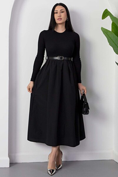 PULLIMM okrugla kragna Suknja Poplin Rebrasta pletenina Kaiš Komad haljine GR...