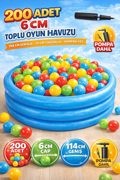YILDIRIM OYUNCAK 114 Cm Mavi Şişme Top Havuzu 200 Adet 6 Cm Top + Pompa Dahil...