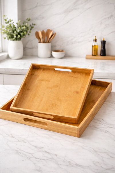 Pembelia Life 100% Bambu 2’li Tepsi Seti Büyük Tepsi 39x28x4 Küçük Tepsi 34x2...