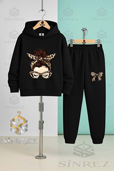 SİNREZ Children's Unisex Girls' Leopard Striped Hooded Tracksuit Set