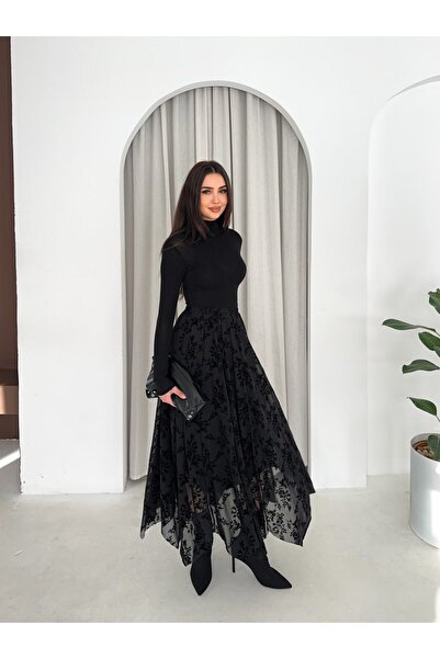 KAŞİHA FLOK BASKILI ASTARLI BELİ LASTİKLİ KADIN TÜL ETEK