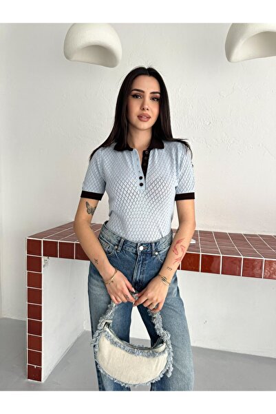 MODAMERSİ Γυναικεία πλεκτή μπλούζα με μπλε ρίγες, λεπτομερή λαιμόκοψη πόλο κα...