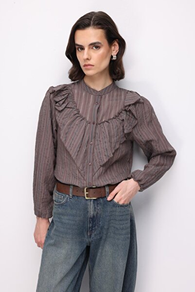 Mixray 4828 Ženska košulja sa volanima Prugasto smeđa