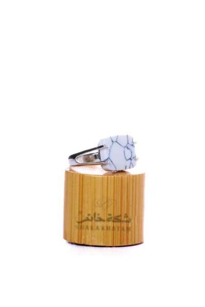 Shaka Khatam Square White Marbled Silver Ring