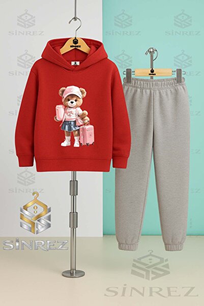 SİNREZ Children's Unisex Bear Suit with Luggage Bag Girls' Hooded Tracksuit Set