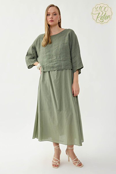 Vitrin 100% Linen Short Sleeve Long Dress