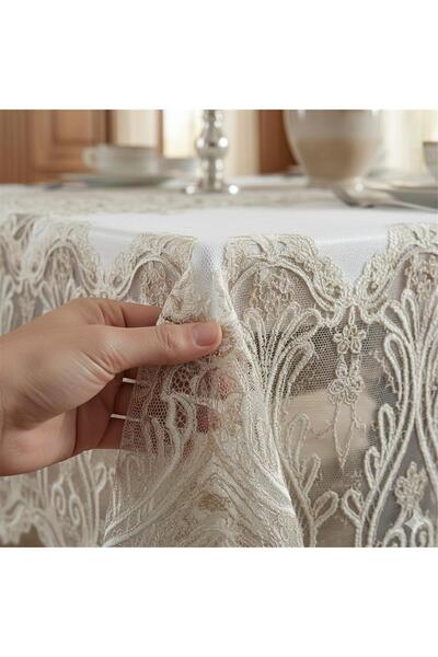 Finezza Lilyum Lace Velvet Cream/Beige Rectangle Tablecloth 160x230 Cm 1605