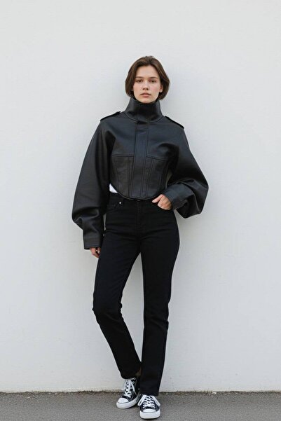 D'RECCY Women's New Season Corset Detailed Cropped Leather Jacket