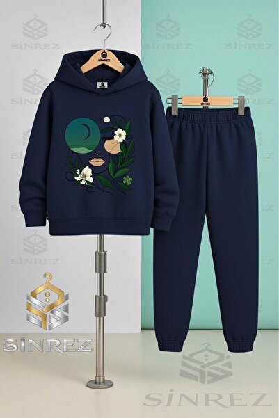 SİNREZ Children's Unisex Cicekten Green Girls Yuzu Hooded Tracksuit Set