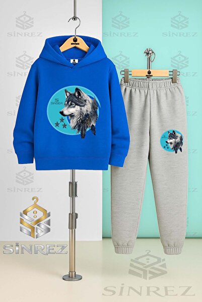 SİNREZ Children's Unisex Wolf Gray Turquoise Tvl Hooded Tracksuit Set