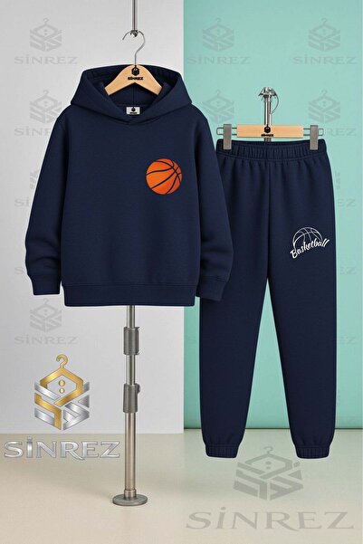 SİNREZ Children's Unisex Basketball Orange Ball Logo Hooded Tracksuit Set
