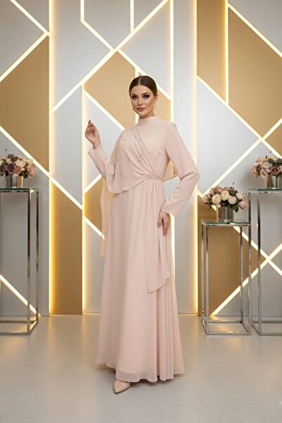 hakimoda فستان سهرة شيفون من ميهران باللون البودرة