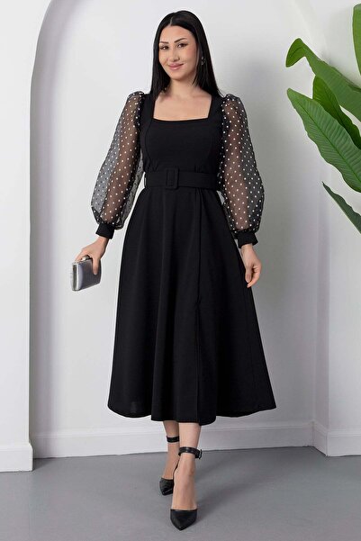 PULLIMM Φόρεμα με τετράγωνο γιακά και πουά μανίκια άνοιγμα Κρεπ 2026-4566