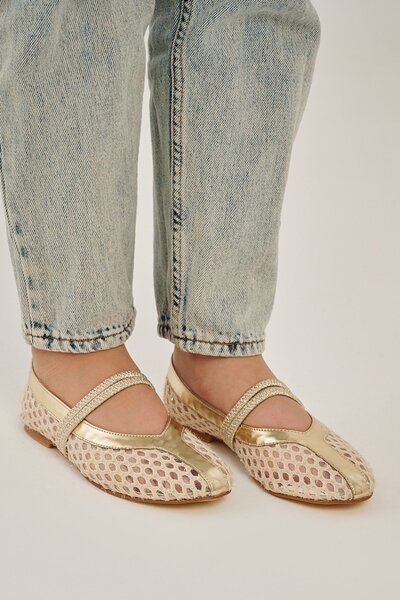 Modezya Gold Double Tire Detail Round Toe Women's Ballet Flats