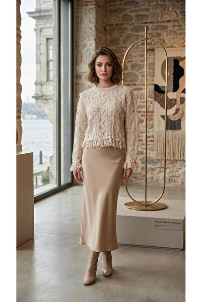 Sea Style Beige Hair Braided Patterned Tassel Detailed Knitwear Sweater – Cre...