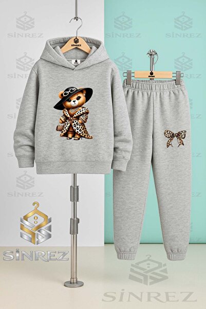 SİNREZ Set de trening cu glugă pentru copii, unisex, cu ursuleț, leopard și b...