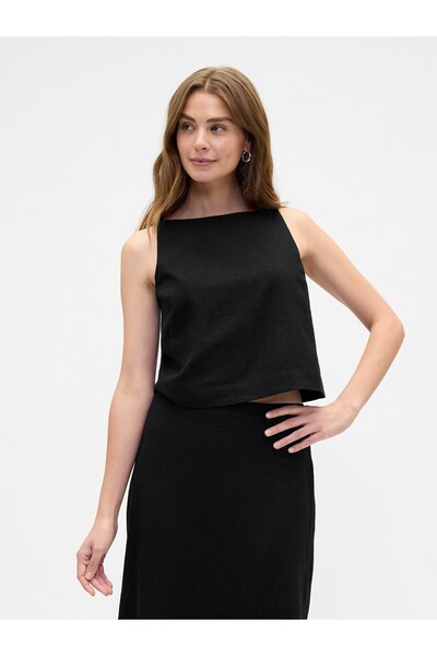 GAP Kadın Siyah Keten Karışımı Apron Bluz