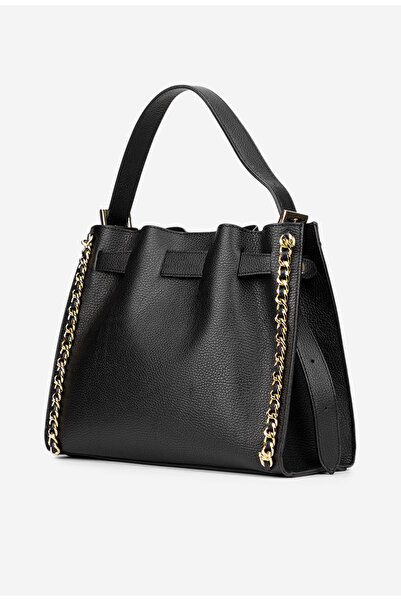 Dasha Geanta dama neagra din piele texturata cu ornament lant