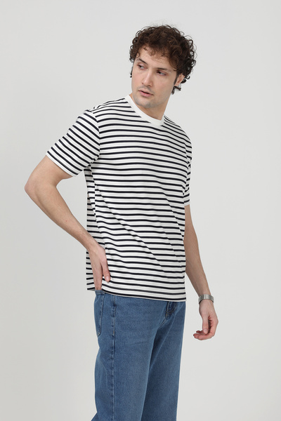 JB John Borners Men's Crew Neck Modal Fabric Striped T-Shirt Navy Blue - 26Y 1005