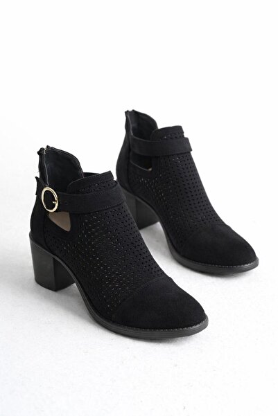 LDR Cizme de vară perforate cu toc și piele întoarsă fermoare, negre, pentru ...