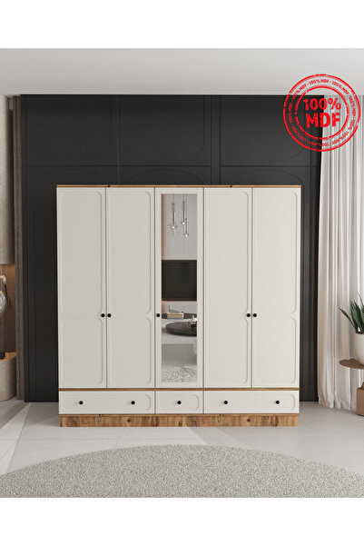 Teen & Bright IRMAK 5 KAPAKLI ÇEKMECELİ BAZALI GARDIROP - TAMAMI MDF