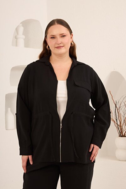 RMG Jachetă de damă mărime mare, neagră, cu mâneci plisate și detaliu cu șire...