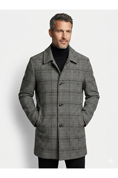 İMAJ MAĞAZACILIK Men's Anthracite Plaid Patterned Melton Coat - Slim Fit Blaz...