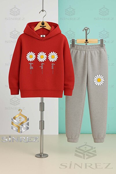 SİNREZ Children's Unisex Papatya 3Lu Yazil Hooded Tracksuit Set