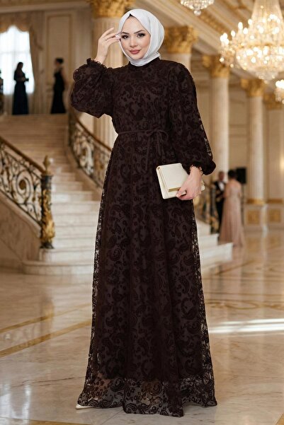 hafsamina Flok Printed Lined Tulle Dress Brown Hm2892