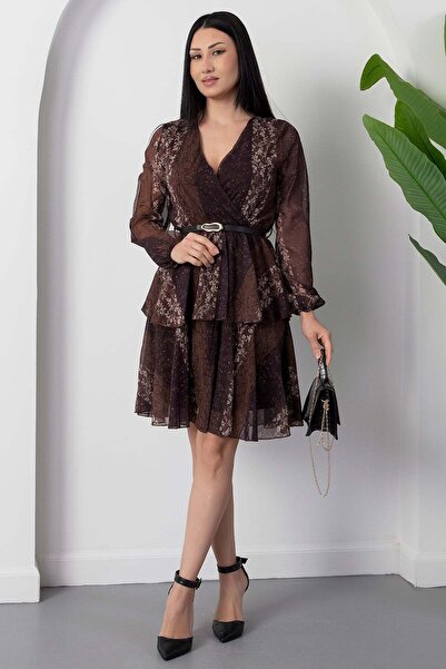 PULLIMM διπλό πέτο Φόρεμα σιφόν με γιακά και στρώσεις Ζώνη τεμαχίων DKS935