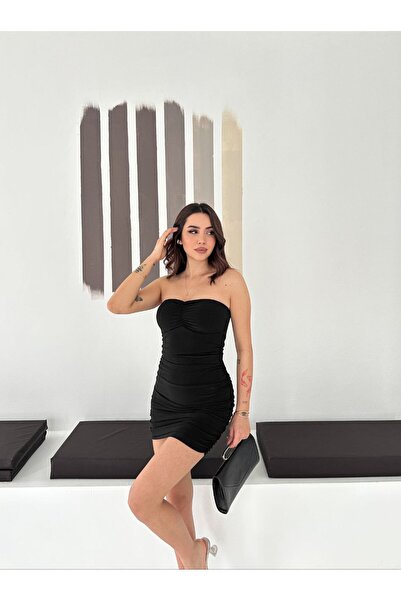 FORSACE Straplez Drapeli Büzgülü Esnek Vücudu Saran Mini Elbise