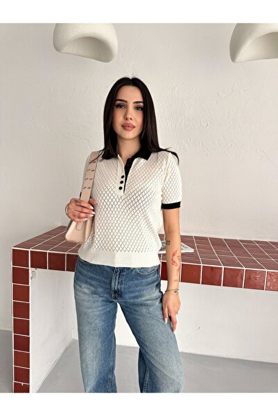 MODAMERSİ Women's Ecru Striped Detail Polo Neck Short Sleeve Knitwear Blouse