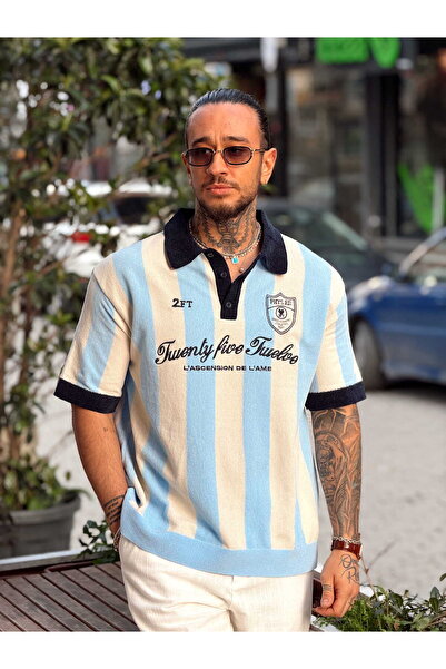 manch collection تي شيرت من قماش الشانيل بثلاثة ألوان مطرز بياقة بولو باللون ...