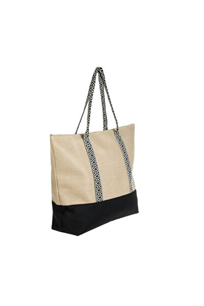 Lumi LUXURY Beige Beach Bag with Black and White Stripe Geometric Shapes Patt...