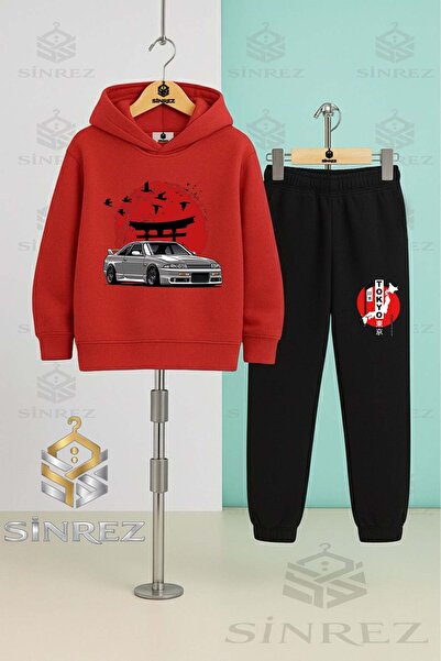 SİNREZ Children's Unisex Car Tokyo Red Circle Onunde Hooded Tracksuit Set