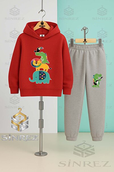 SİNREZ Children's Unisex Animal Ust Uste Coklu Hooded Tracksuit Set