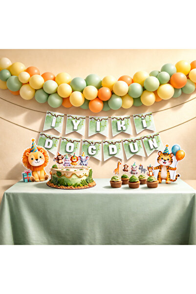 Safari Temalı Pasta ve Cupcake Doğum günü Parti Süsleri – Ahşap Çubuklu Topper Seti
