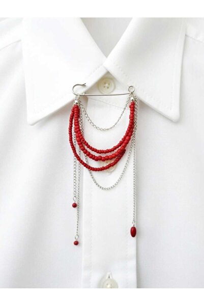 Lesy Kırmızı boncuklu zincirli broş