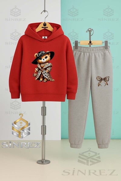 SİNREZ Children's Unisex Bear Leopard Fur Hooded Tracksuit Set