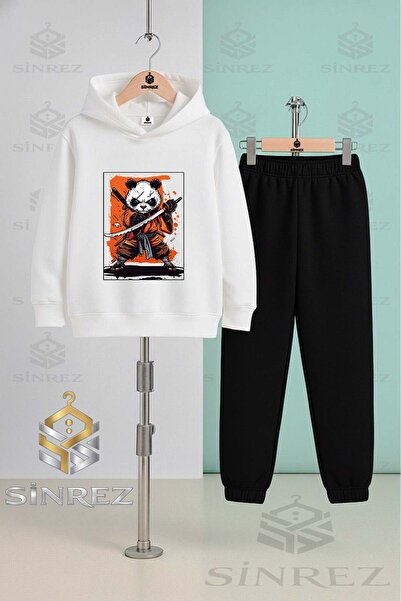 SİNREZ Children's Unisex Panda Ninja with Sword Note Hooded Tracksuit Set