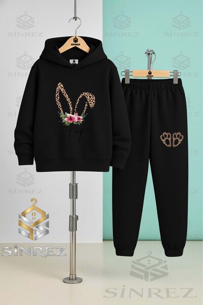 SİNREZ Children's Unisex Tavsan Kulk Cicek Leopar Dsn Hooded Tracksuit Set