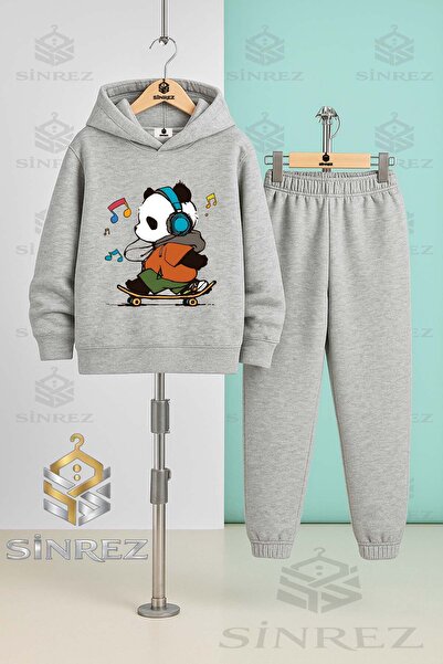 SİNREZ Set de trening cu glugă pentru copii, unisex, PANDA SKATEBOARD, cu not...