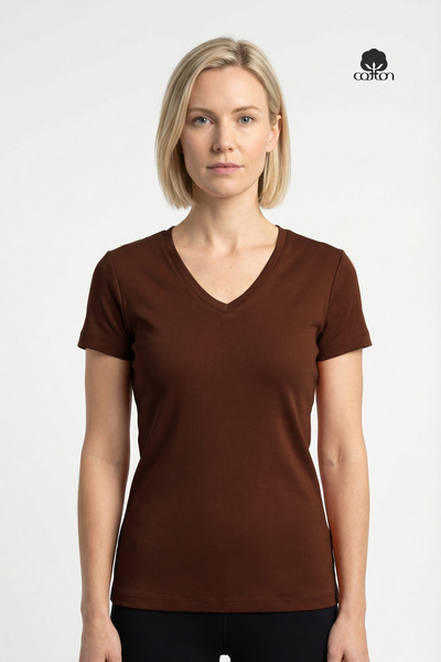 Cottonland Kadın DELFINA V Yaka 1x1 Esnek Ribana Kısa Kollu Pamuk Penye T-Shi...