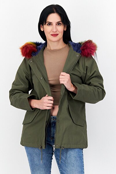 Brave Soul Women Faux Fur Hood Parka Jacket, Olive Combo
