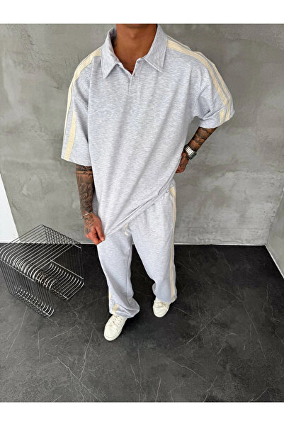 LUİS BUTİK Şerit Detay Unisex Eşofman Takım Gri