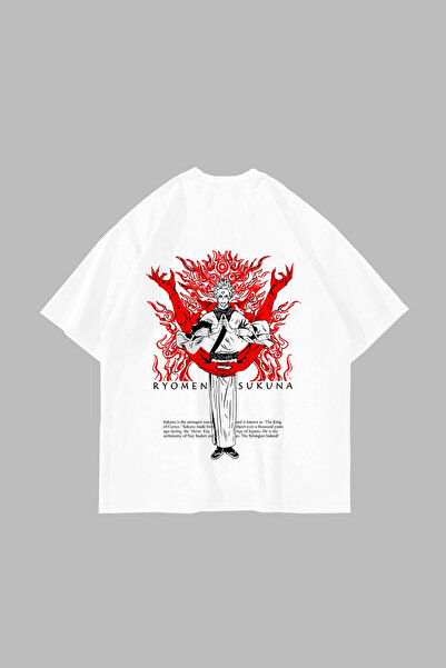 Bak Moda Ryomen Sukuna Štampano Oversize kroj Unisex bela majica