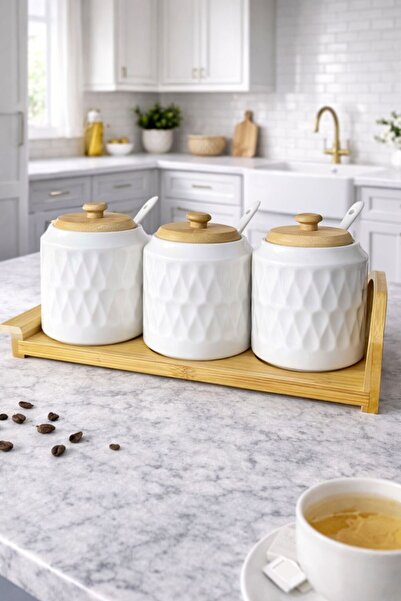 Tutku Porselen 3 Parça Bambu Standlı Porselen Kaşıklı Lüks Baharatlık Seti