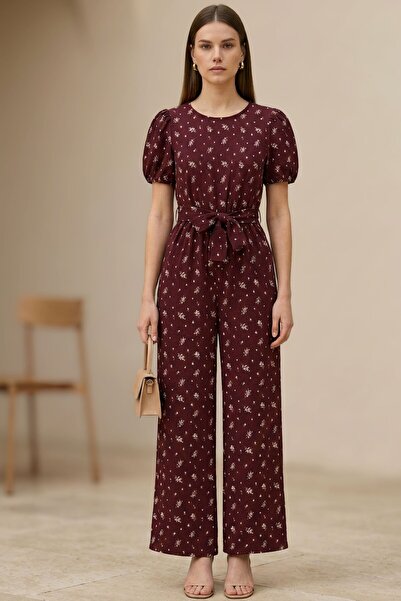 Kübra Tekstil Women's Burgundy Floral Print Belt Piece Jumpsuit Short Sleeve ...